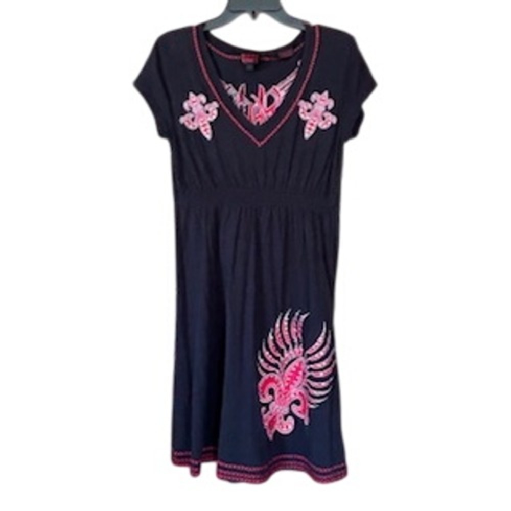 Rock‎ & Roll Cowgirl Black Dress Embroidered Fleur De Lis Gun Wings Cowgirl Sz L